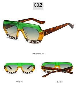 Three-angle view of irregular tricolor sunglasses with leopard pattern and gradient lenses