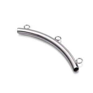 Polished stainless steel curved tube connector with three rings for DIY jewelry making
