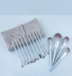 Set da 14 pennelli da trucco professionali con manici azzurri e custodia grigia pieghevole