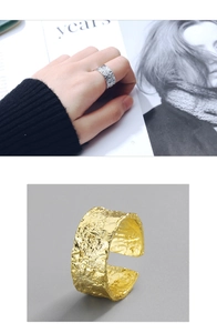 Detail of wide open rings featuring unique hammered texture in silver and gold finishes
