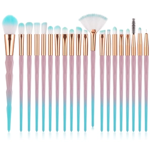 Detail view of 20-piece unicorn makeup brushes with gradient handles and rose gold ferrule