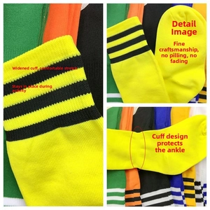 Detail of widened elastic cuffs and ribbed design on high-tube athletic soccer socks
