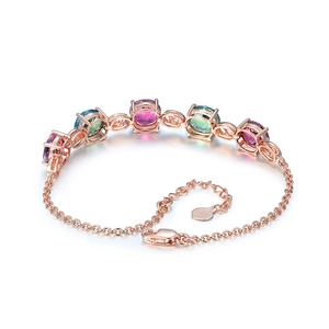 Elegant rose gold bracelet featuring vibrant multi-colored round crystals with lobster clasp
