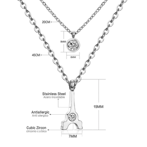 Detailed view of stainless steel Eiffel Tower and cubic zirconia pendant size measurements