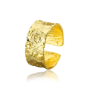 Adjustable wide gold ring with textured hammer finish and metallic reflective surface