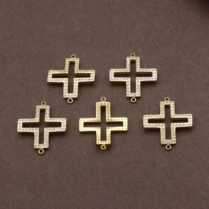 Five gold hollow cross charms with sparkling rhinestones for DIY jewelry making