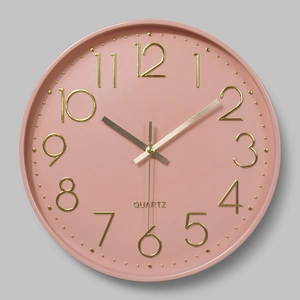 Modern 12 inch pink silent wall clock with 3D golden numbers and quartz movement
