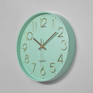 Modern 12 inch mint green silent wall clock with 3D gold numbers and quartz movement