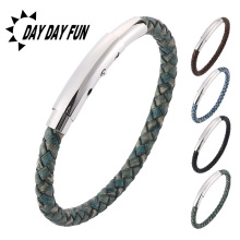 Detail view of woven leather bracelets for men featuring polished silver metal clasps