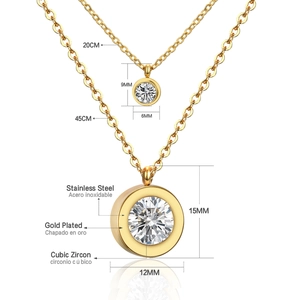 Double-layered gold stainless steel necklace with round cubic zirconia pendants