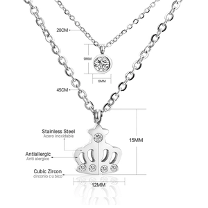 Detailed size chart of stainless steel crown and zircon double necklace set with dimensions