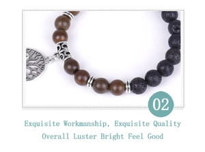 Macro detail of wooden beads, lava stone, and silver tree of life charm bracelet
