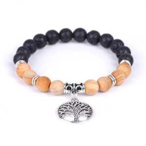 Tree of Life beaded bracelet with black lava stone and natural brown wood beads
