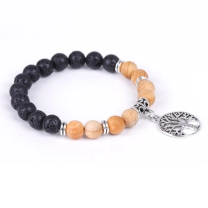 Beaded bracelet with black lava stone, wood beads and a silver Tree of Life charm