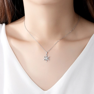 Elegant S925 sterling silver snowflake pendant necklace worn by a model on white clothes