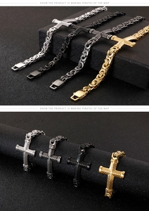Detail of cross pendant and Byzantine chain in gold, silver, black, and gunmetal finishes