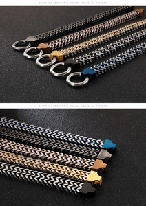 Detail of woven stainless steel chain bracelets with spring rings in five metallic finishes