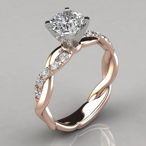 Rose gold infinity ring with cushion-cut centerpiece and twisted micro-pave diamond band
