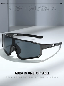 Detail of black sports sunglasses featuring a hollowed-out temple design for cycling