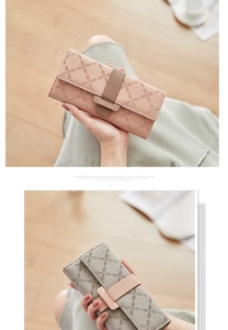 Detailed comparison of pink and grey long tri-fold wallets with floral embossing