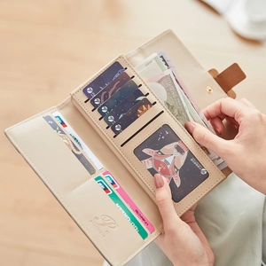 Classic beige PU leather long wallet for women featuring multiple card slots and interior
