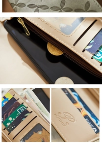 Detail of beige PU leather long wallet showing multi-functional card slots and zipper pocket