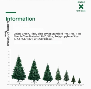 Size chart showing height comparison for PVC and pine needle Christmas trees from 60cm to 300cm
