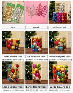 Variety of colorful Christmas ball sets and bows for trees from 60cm to 210cm