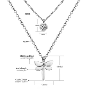 Detailed view of stainless steel double chain necklace set with cubic zirconia pendants