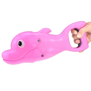 Pink dolphin grabber toy being operated by hand for interactive water play fun