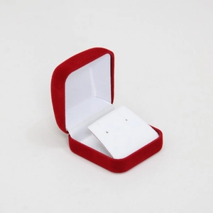 Square red velvet jewelry box with white interior for earrings and rings display