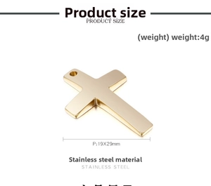 Detailed view of golden stainless steel cross pendant with 19x29mm size and weight specs