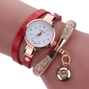 Fashionable women's rose gold quartz watch with red wrap-around strap and crystal charms