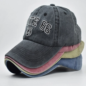 Vintage washed cotton Route 66 baseball caps in four colors with retro embroidery