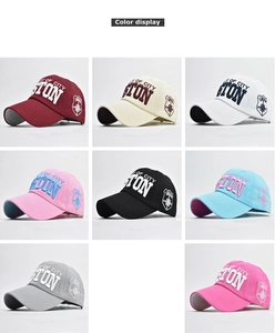 Detail showing eight color variants of Boston baseball caps with 3D embroidery textures