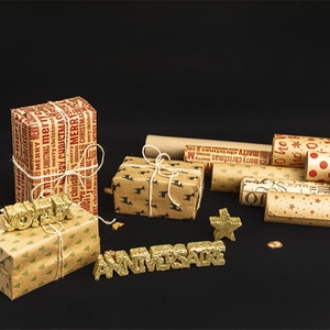 Retro kraft Christmas gift wrapping paper set with festive star and tree patterns