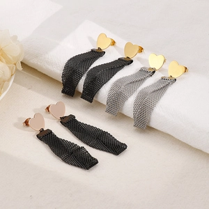 Three pairs of heart studs with mesh tassels in gold, silver, and rose gold finishes
