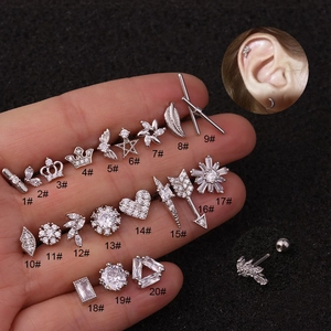 Stainless Steel Copper Inlaid Zircon Ear Cartilage Stud Piercing Threaded Ball Heart Star Crown Wing Flower Butterfly Jewelry