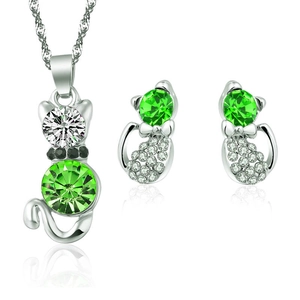 Silver cat jewelry set with green crystal pendant necklace and matching stud earrings