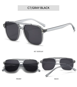 Three-view display of double-bridge square sunglasses in transparent grey and black lenses