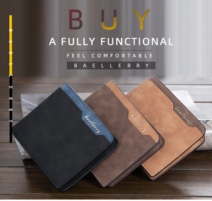 Short bi-fold men's leather wallets in black, dark brown, and light brown colors