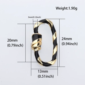 Spiral textured gold and black oval screw clasp for DIY jewelry making with dimensions