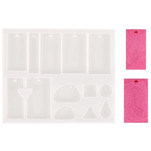 Silicone resin mold for pendants in heart, square and oval shapes with finished samples