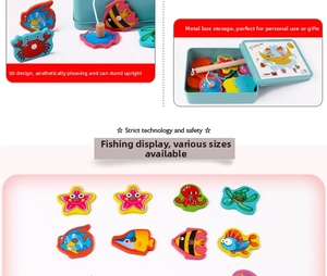 Detail view of magnetic wooden sea creatures and the cartoon metal storage box