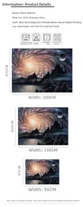 Polyester fiber tapestry size guide showing 100x75cm, 150x130cm and 200x150cm options