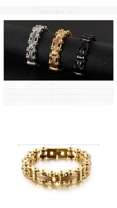 Detailed view of stainless steel biker bracelets in black, gold, and silver finishes