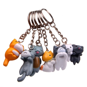 Set of seven cute cartoon cat keychains with silver rings for bags and car keys