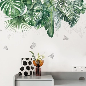 Tropical green monstera leaves and butterfly wall decals for home wall decoration
