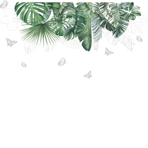 Tropical monstera and banana leaves wall sticker with artistic watercolor butterflies