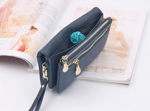 Detail view of navy blue long wallet with dual zippers and detachable wrist strap